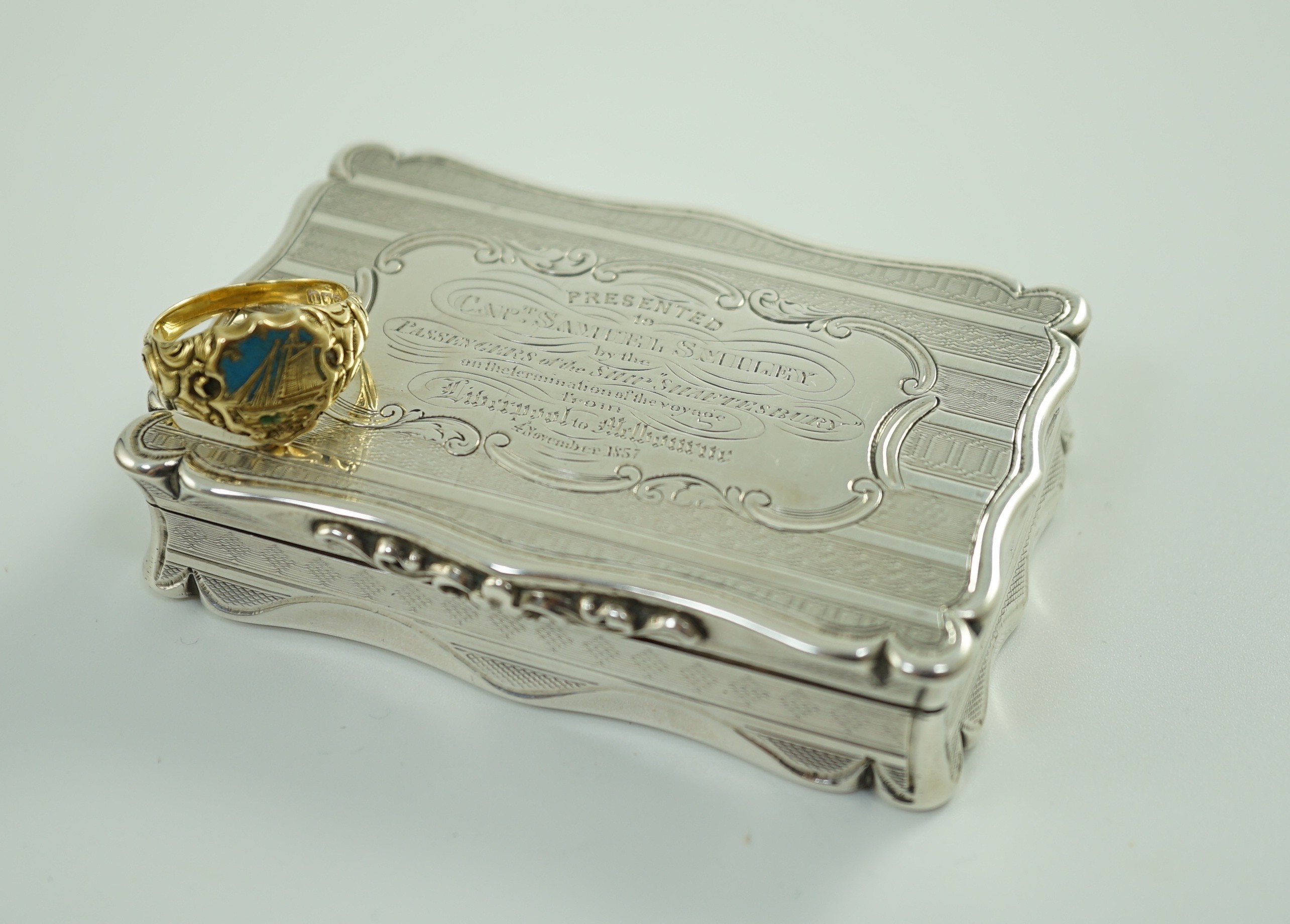 Australian naval interest - A Victorian engraved silver presentation snuff box, inscribed 'Presented to Capt. Samuel Smiley by the Passengers of the Ship Shaftesbury on the Termination of the Voyage from Liverpool to Mel